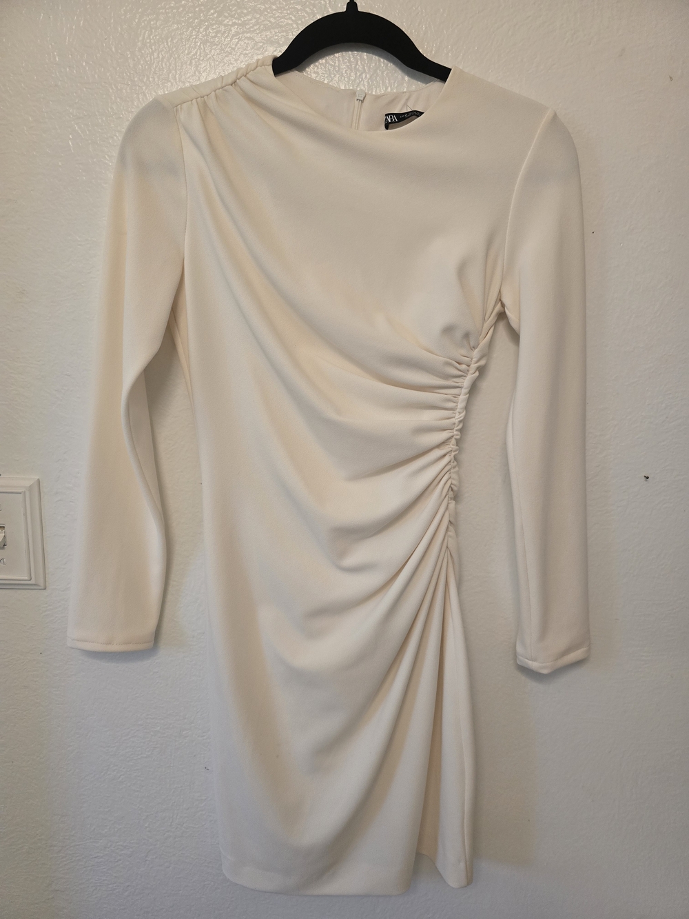 ZARA Cream Long-Sleeve Ruched Mini Dress